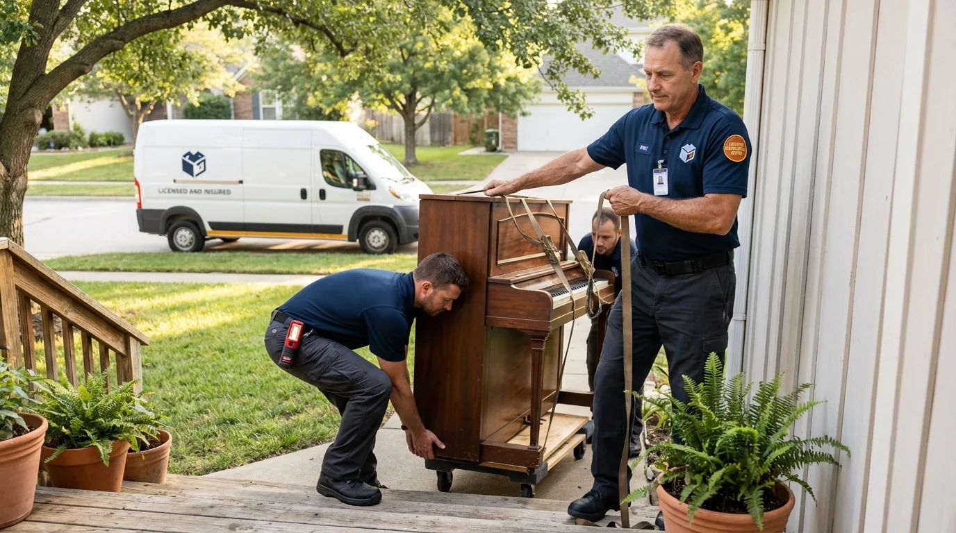 Licensed piano movers securing grand piano in Windham, OH