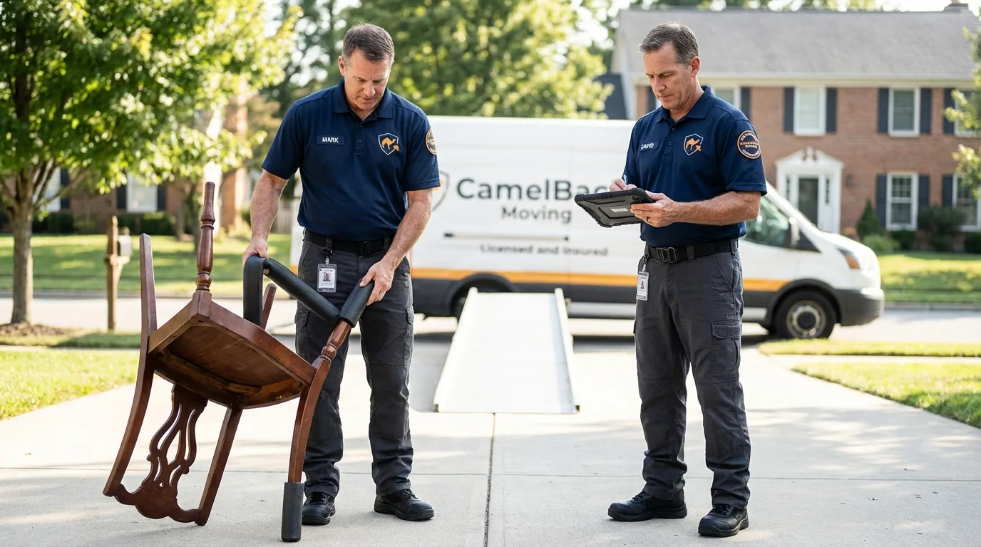 Movers inspecting furniture for damage prevention before loading in Windham, OH