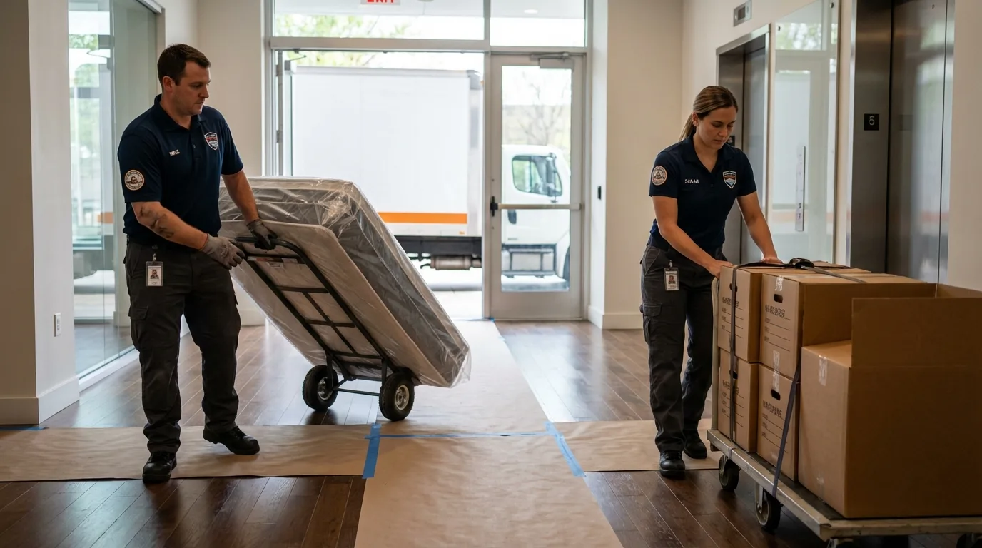 Professional apartment movers loading elevator in Windham, OH