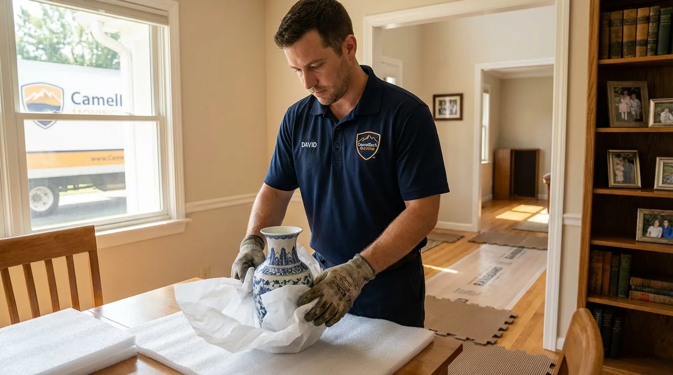 Professional crew carefully wrapping antique vase for senior downsizing move in Windham, OH