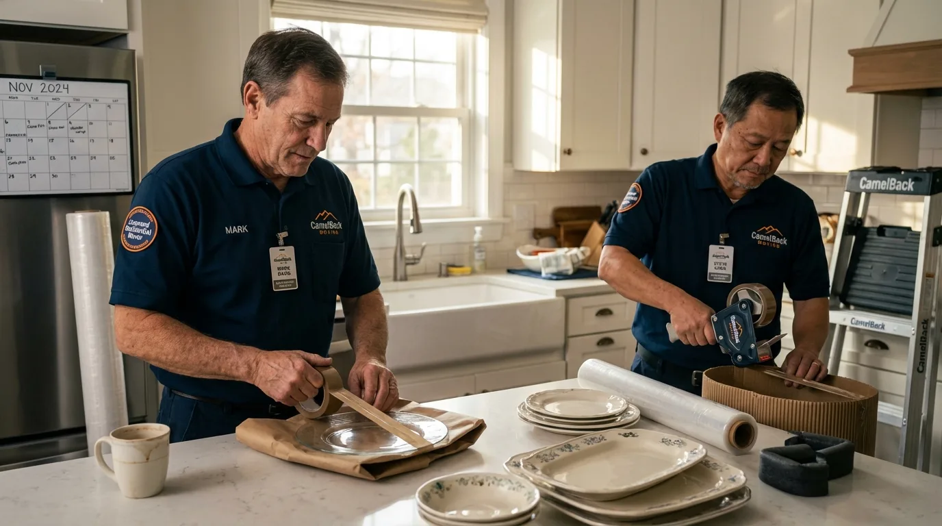 Professional crew packing kitchen dishware in Windham, OH
